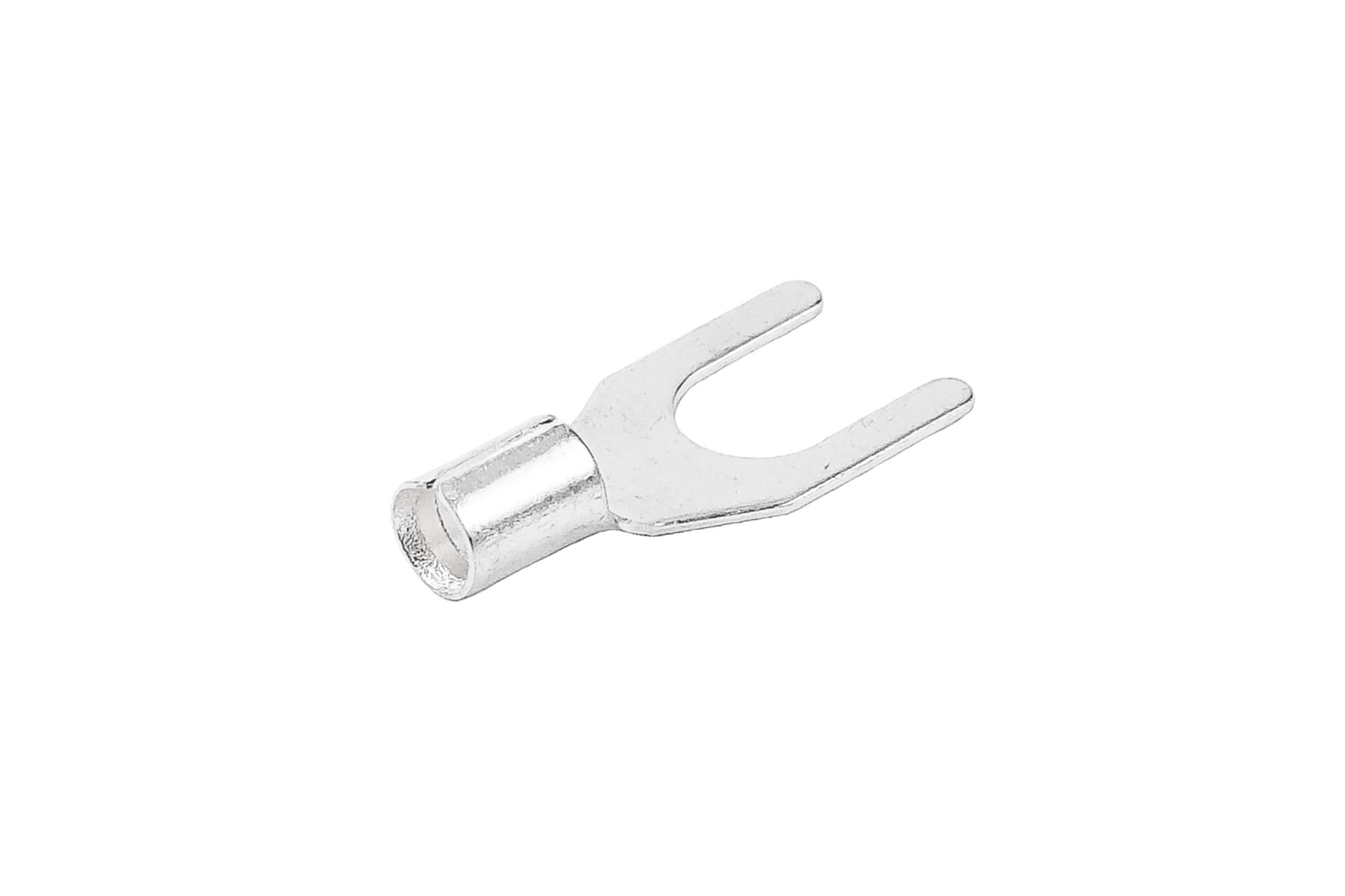 [E] หางปลาส้อม เปลือย UT ทองเหลืองชุบดีบุก รุ่น Y2.5-5 รูใส่สายไฟกว้าง 3.1 mm ยาว 18.1 mm ช่องว่างส้อม 5.2 mm